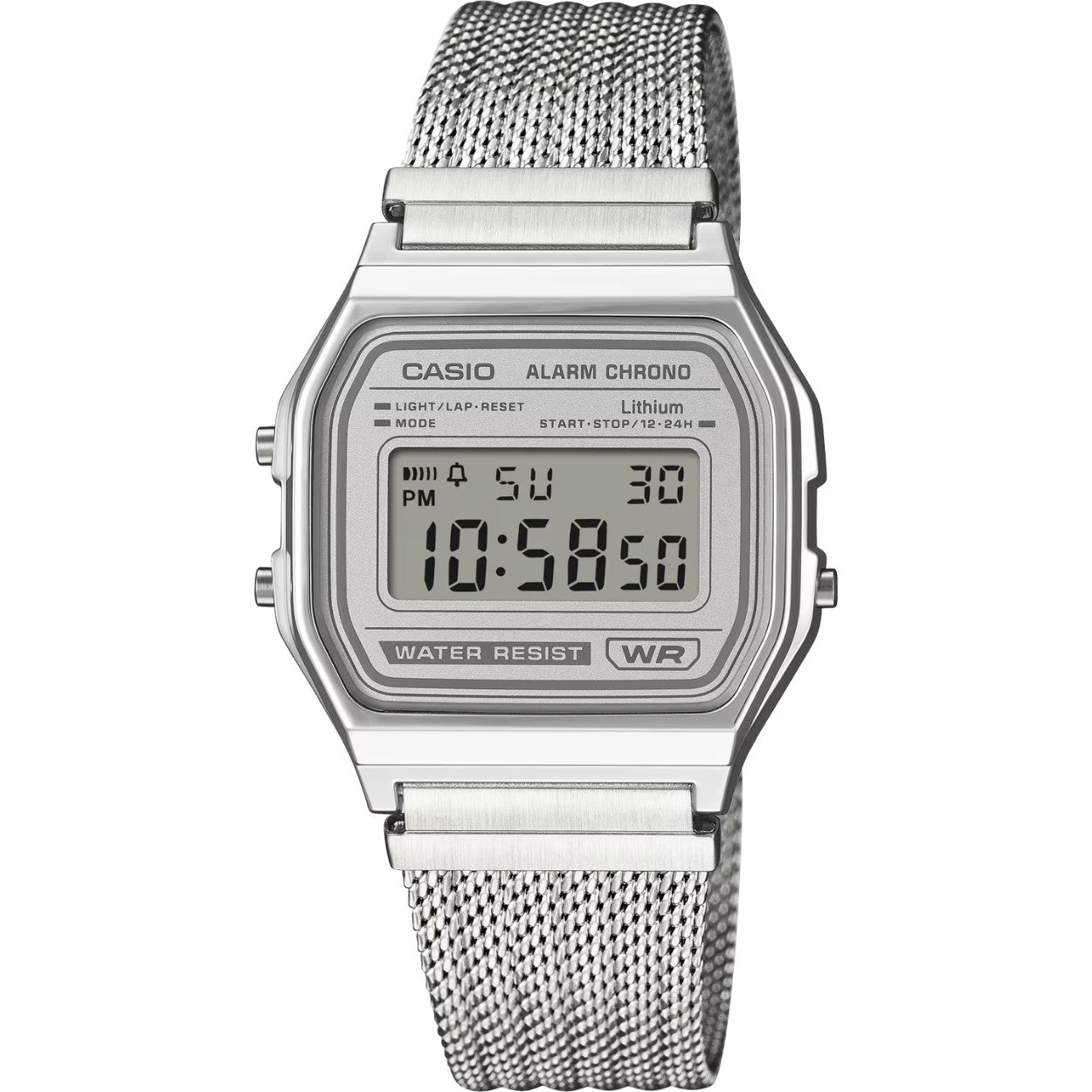 Casio Vintage A158WEM-7EF digital unisexklocka med silver urtavla och armband i rostfritt stål