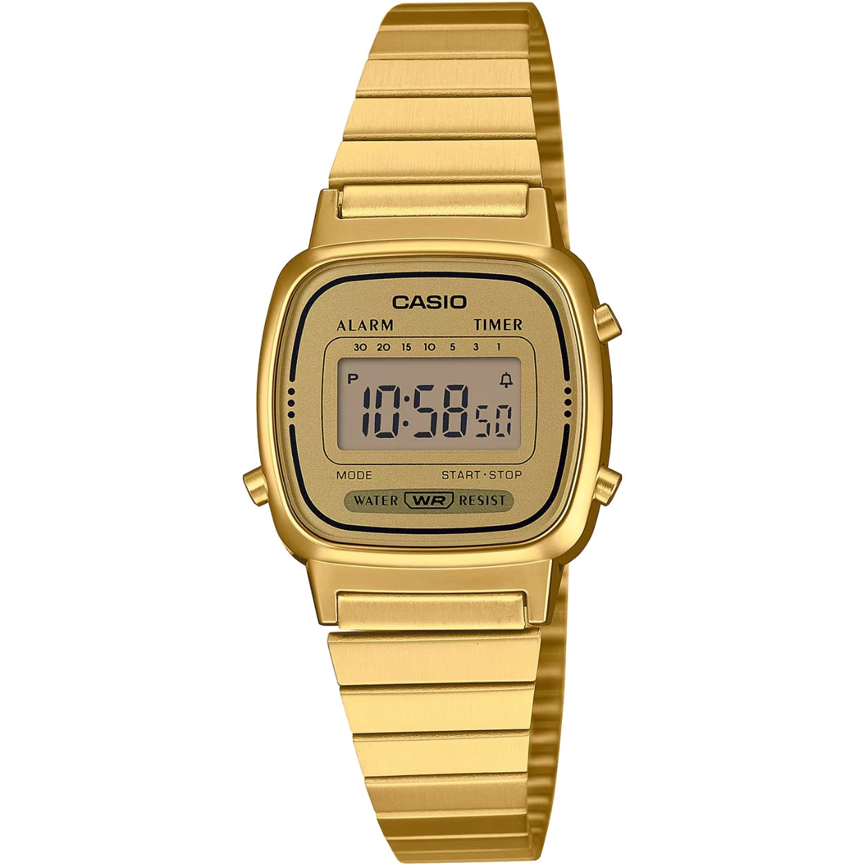 Casio Vintage LA670WEGA-9EF digital damklocka med guld urtavla och armband i rostfritt stål
