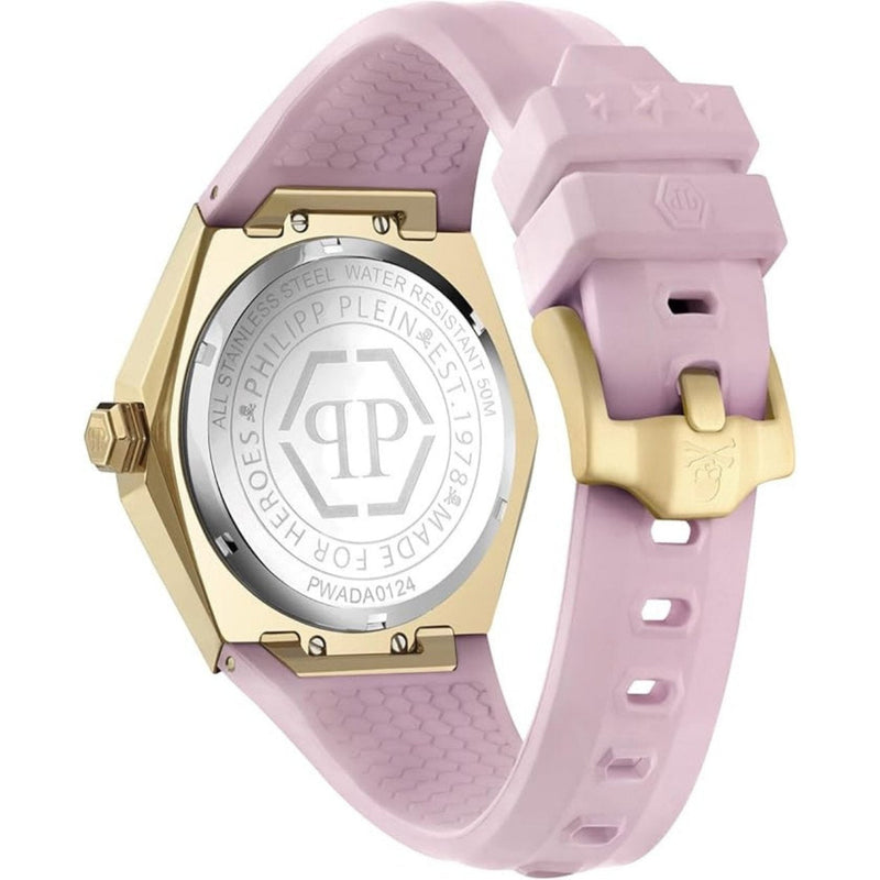 Philipp Plein The Skull PWADA0124 analog damklocka med rosa urtavla och armband i gummi