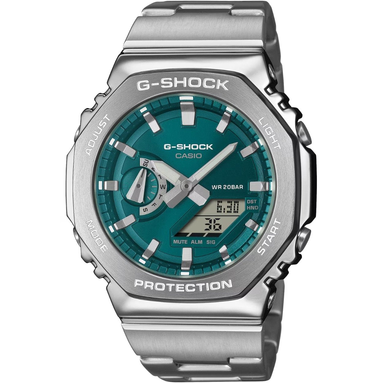 Casio G-Shock GM-2110D-3A1ER analog herrklocka med grön urtavla och armband i rostfritt stål