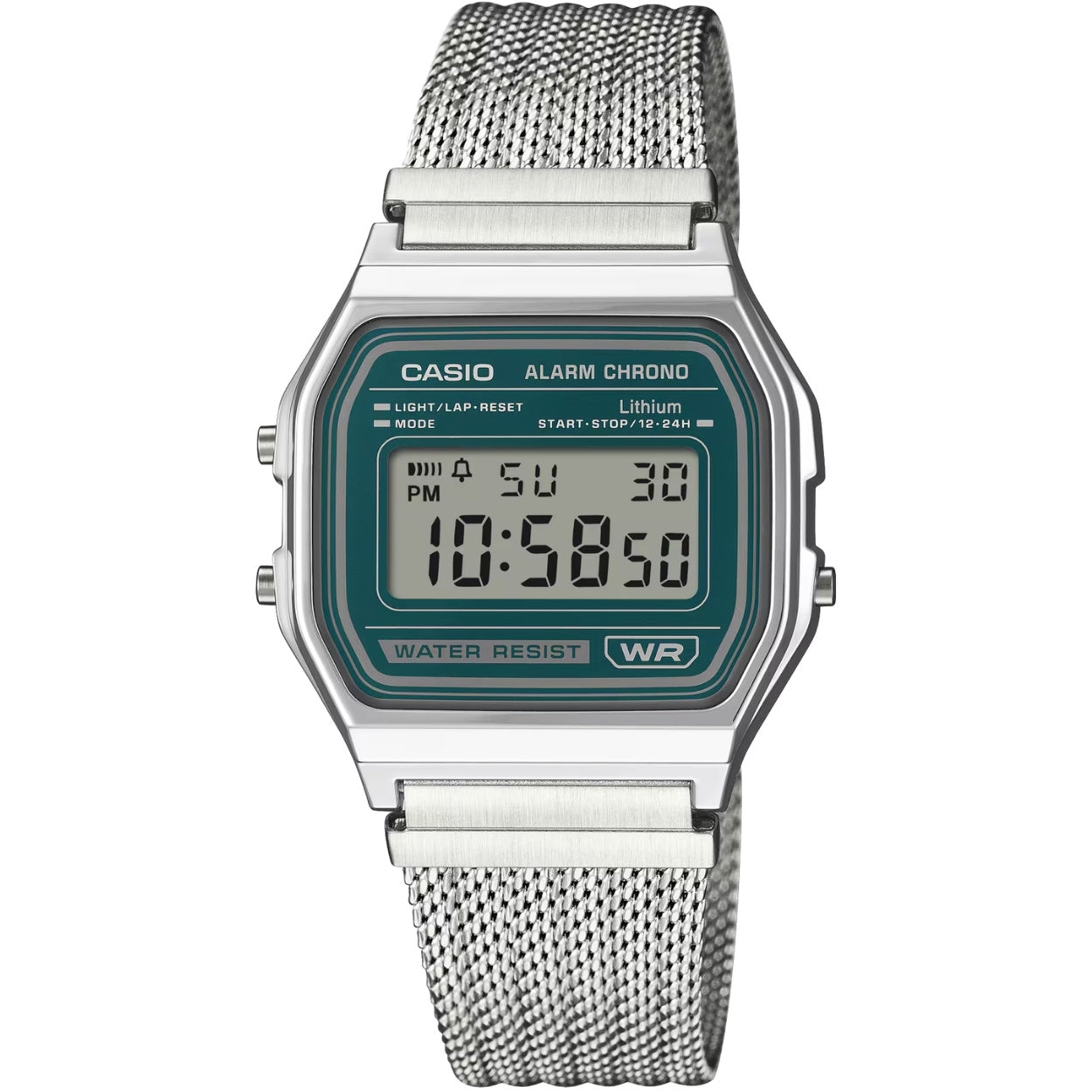 Casio Vintage A158WEM-3EF digital unisexklocka med grön urtavla och armband i rostfritt stål