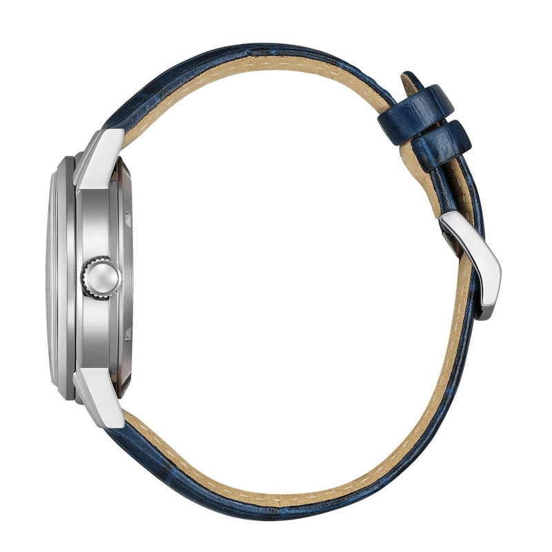 Citizen Automatic NJ0210-13L analog herrklocka med blå urtavla och armband i läder