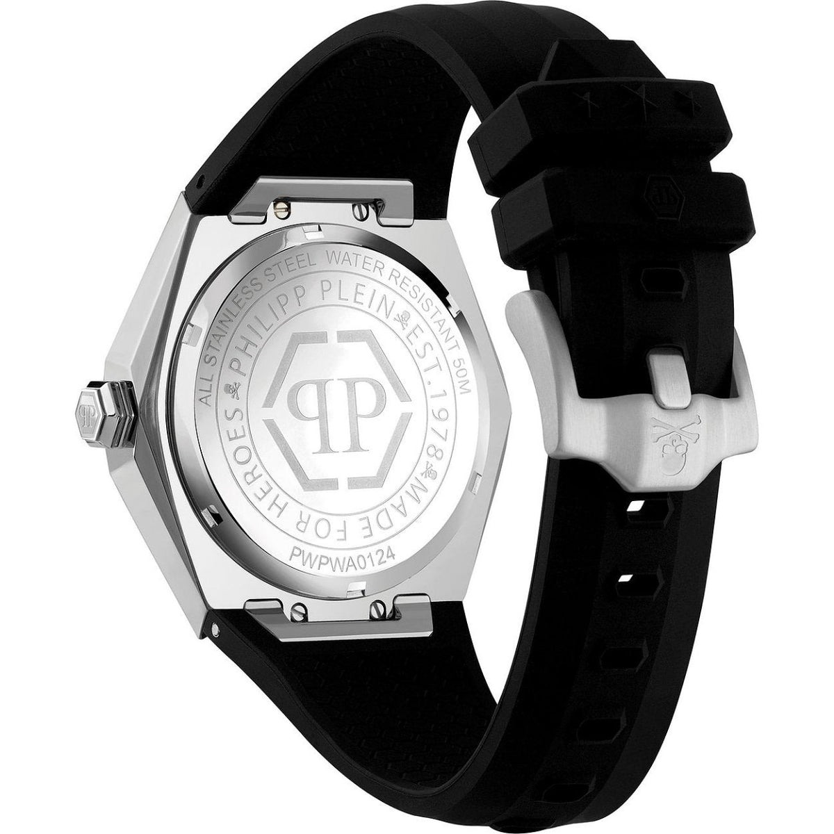 Philipp Plein The Skull PWPWA0124 analog herrklocka med svart urtavla och armband i gummi