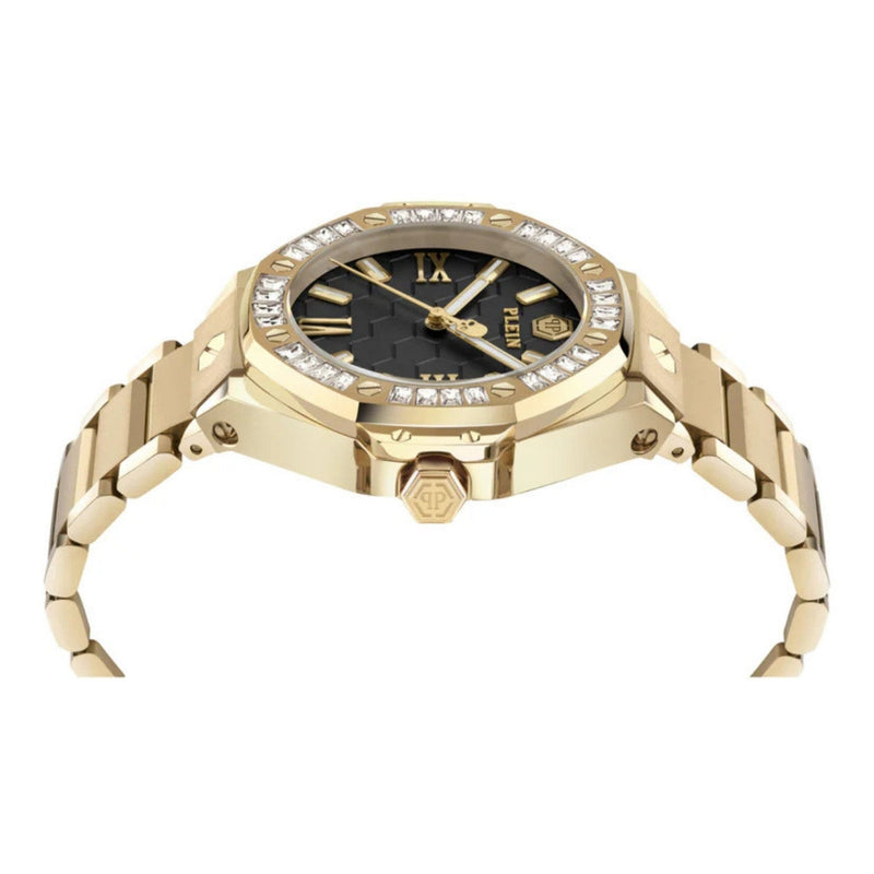 Philipp Plein Royal Gold PWBDA0824 analog damklocka med svart urtavla och armband i rostfritt stål