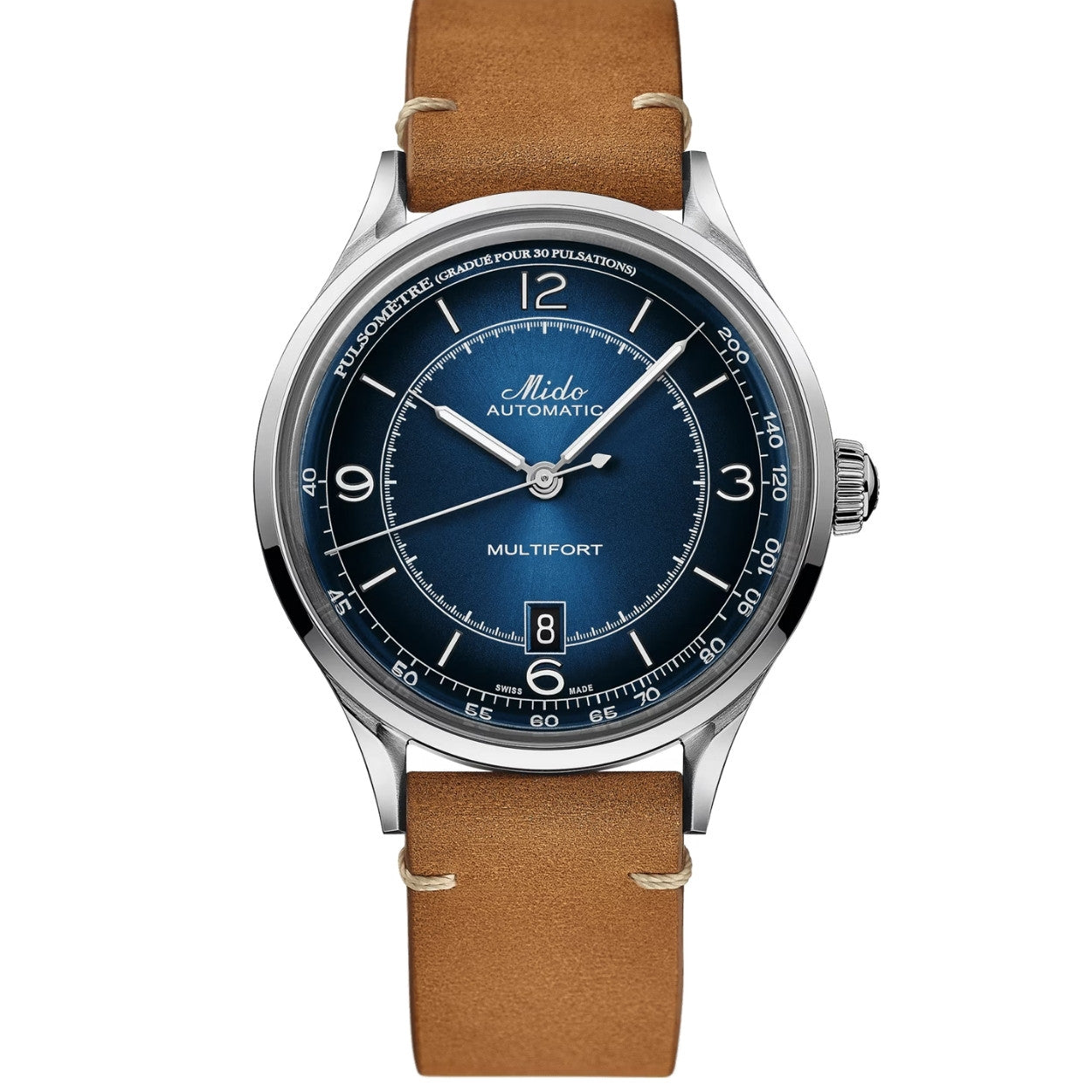 Mido Multifort Patrimony M040.407.16.040.00 analog herrklocka med blå urtavla och armband i läder