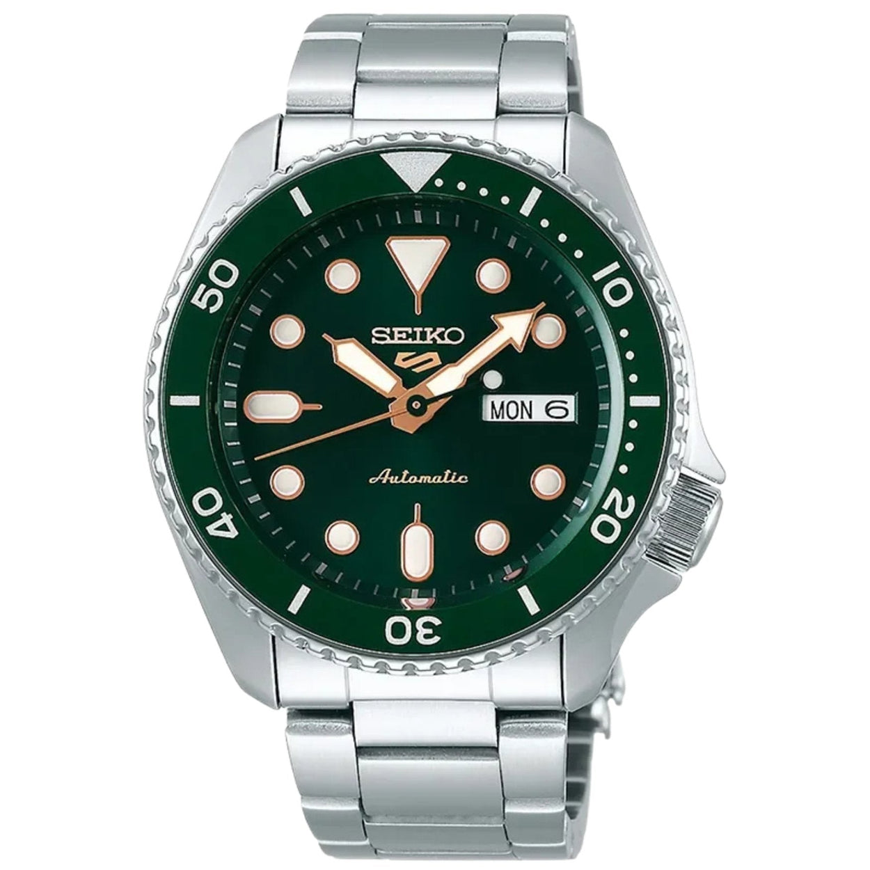 SEIKO 5 Sports SRPD63K1 analog herrklocka med grön urtavla och armband i rostfritt stål