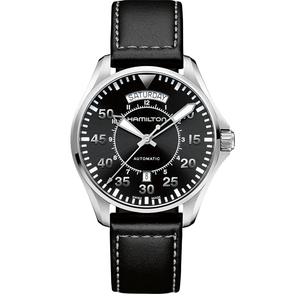 Hamilton Khaki Aviation Pilot Day Date Auto H64615735 analog herrklocka med svart urtavla och armband i läder