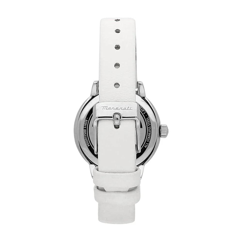 Maserati Successo Solar ð32mm R8851145502 analog damklocka med vit urtavla och armband i läder