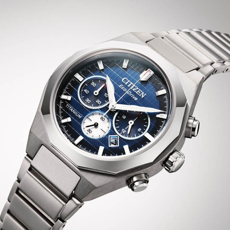 Citizen Eco-Drive Titanium CA4691-59L analog herrklocka med blå urtavla och armband i titan