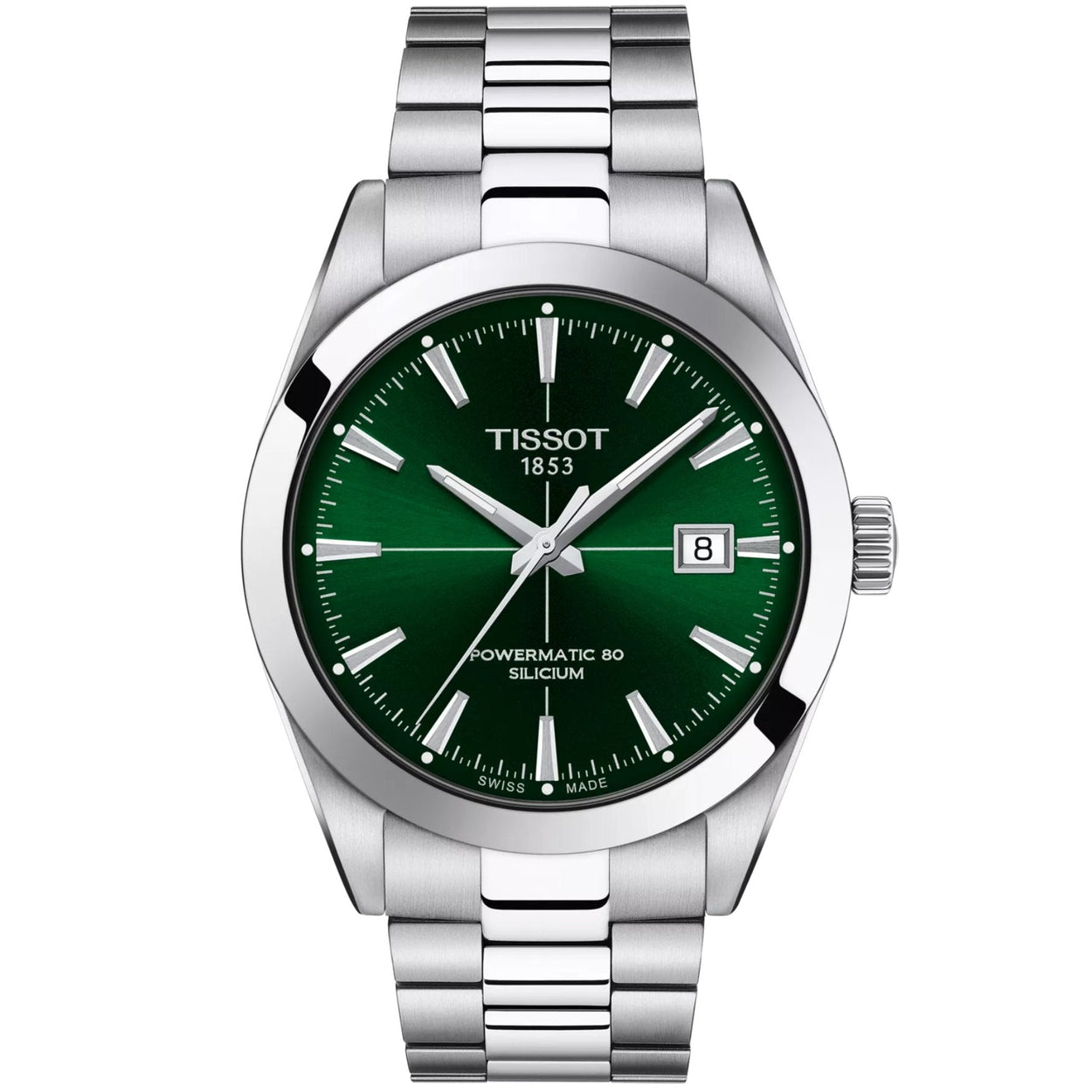 Tissot Gentleman Powermatic 80 Silicium T127.407.11.091.01 analog herrklocka med grön urtavla och armband i rostfritt stål