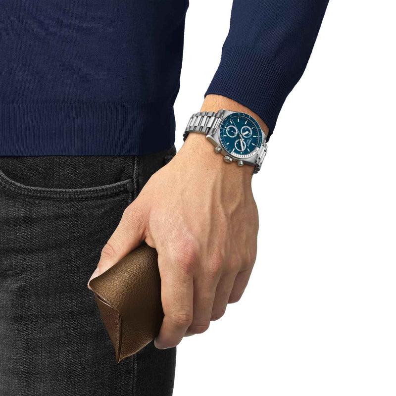 Tissot PR516 Kronograf T149.417.11.041.00 analog herrklocka med blå urtavla och armband i rostfritt stål