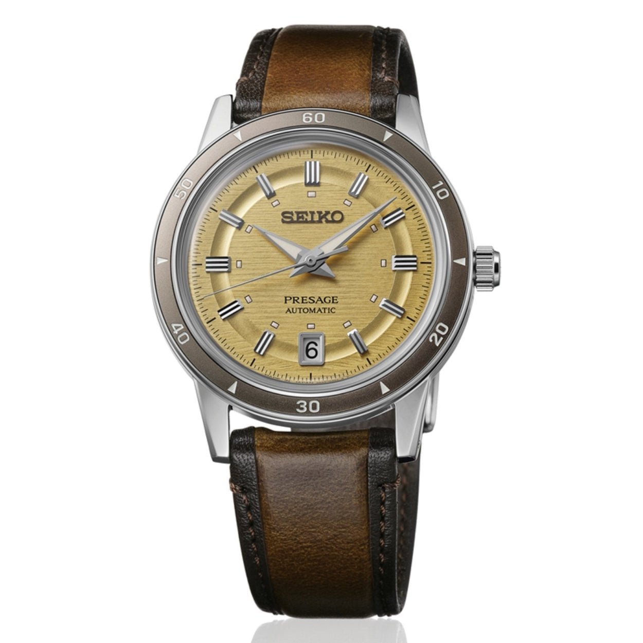 Seiko 60's Presage SRPL75J1 analog herrklocka med gul urtavla och armband i läder