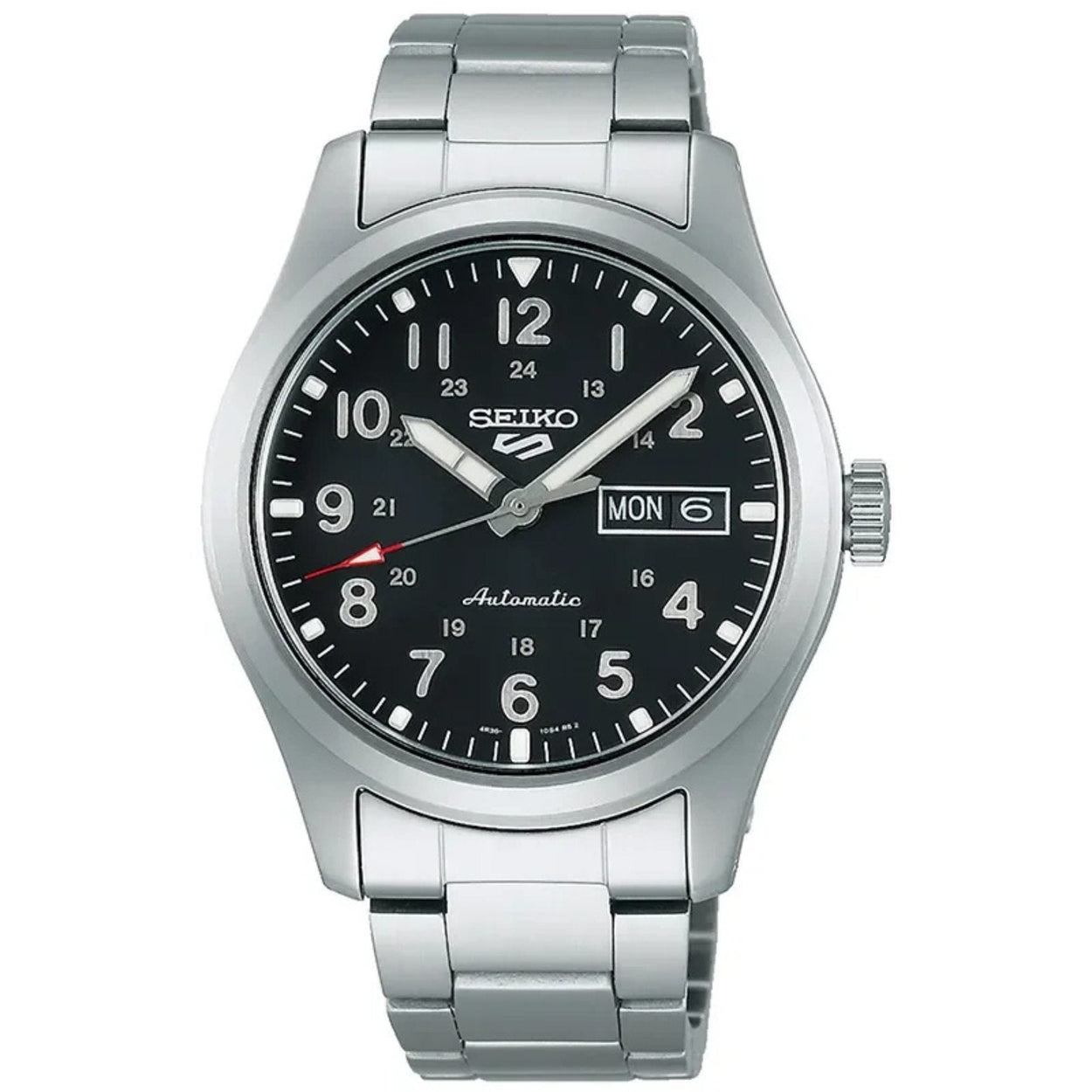 Seiko 5 Sports Automatic SRPG27K1 analog herrklocka med svart urtavla och armband i rostfritt stål