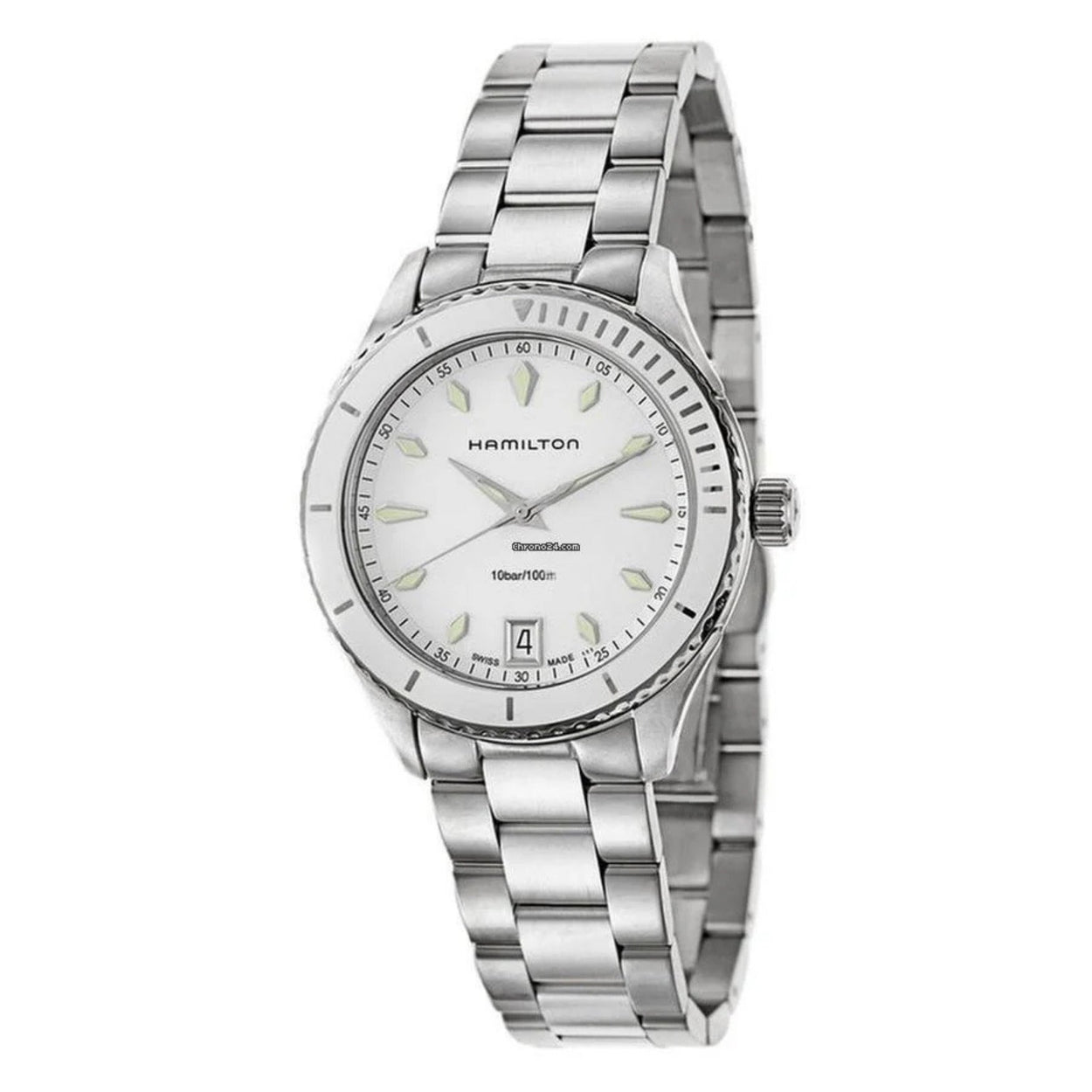 Hamilton Jazzmaster Seaview H37411911 analog damklocka med vit urtavla och armband i rostfritt stål