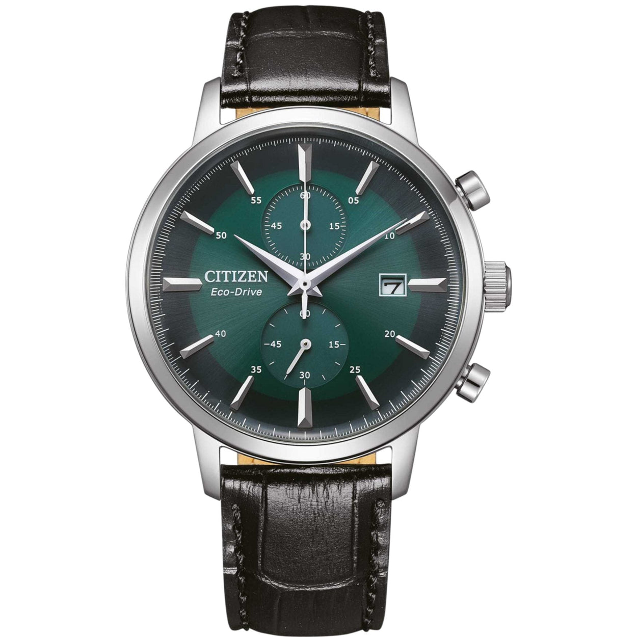 Citizen Kronograf Eco-Drive CA7069-24X analog herrklocka med grön urtavla och armband i läder