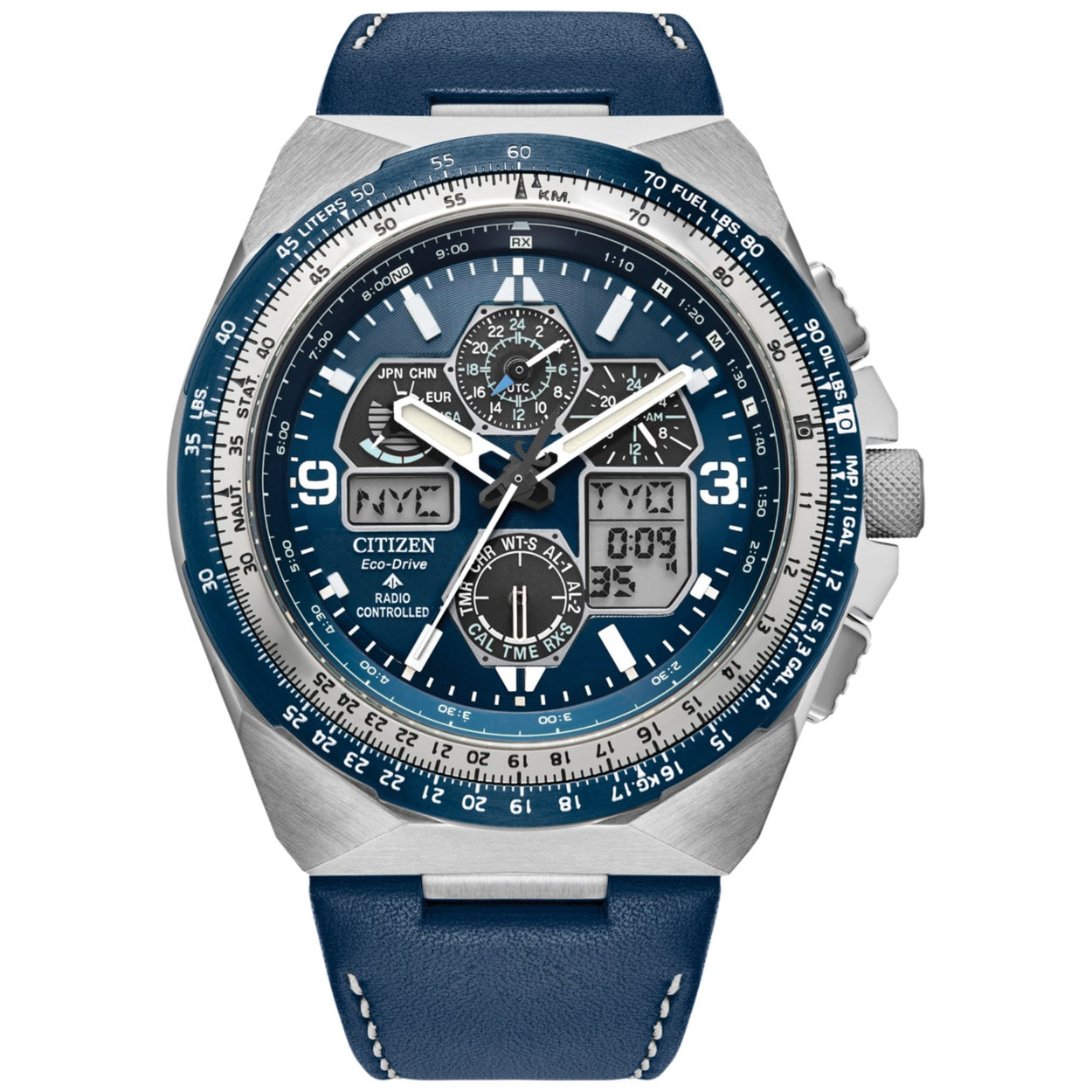 Citizen Promaster Skyhawk JY8148-08L analog herrklocka med blå urtavla och armband i läder