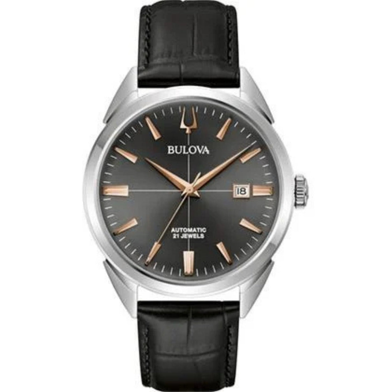 Bulova Sutton 96B422 analog herrklocka med svart urtavla och armband i läder