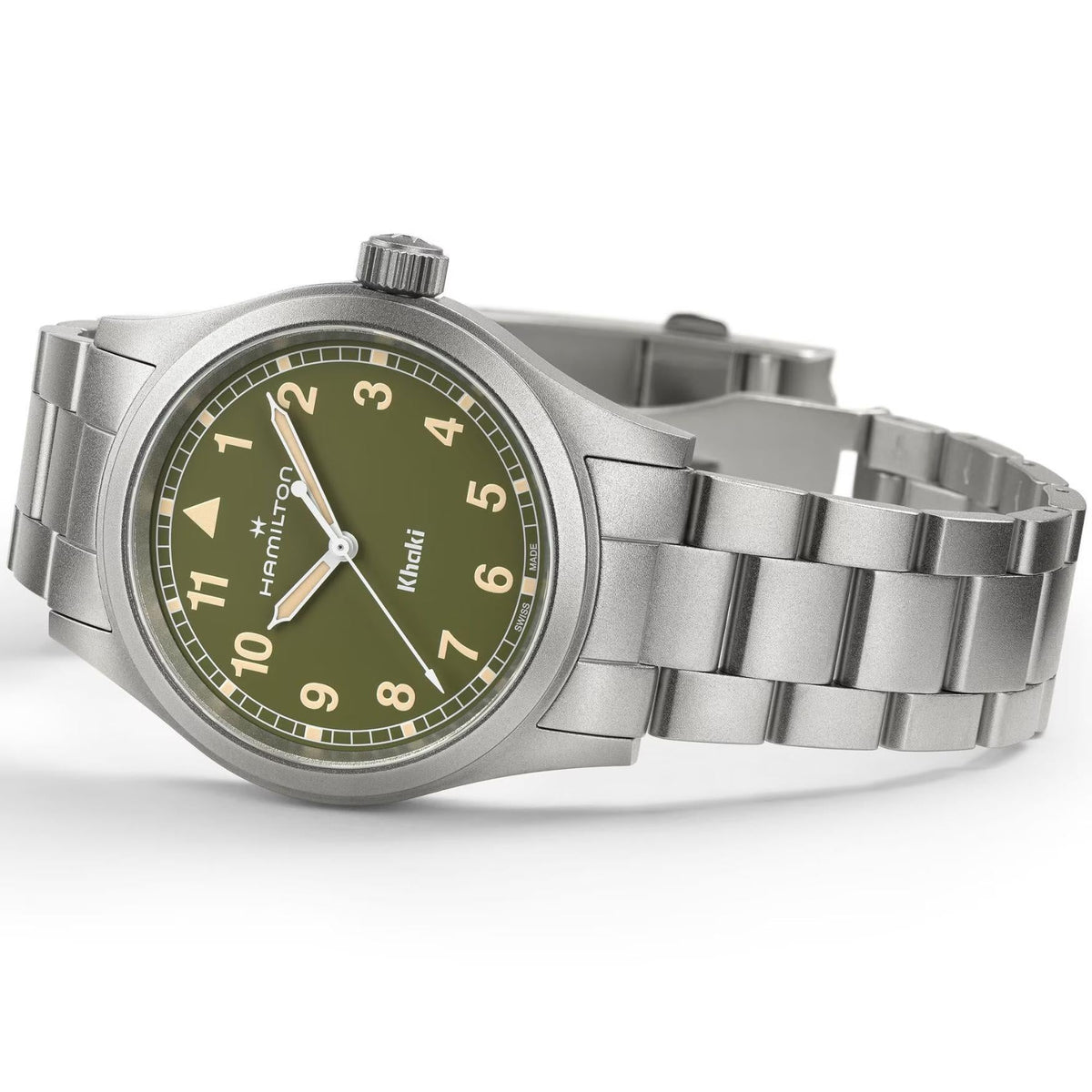 Hamilton Khaki Field H69401160 analog herrklocka med grön urtavla och armband i rostfritt stål