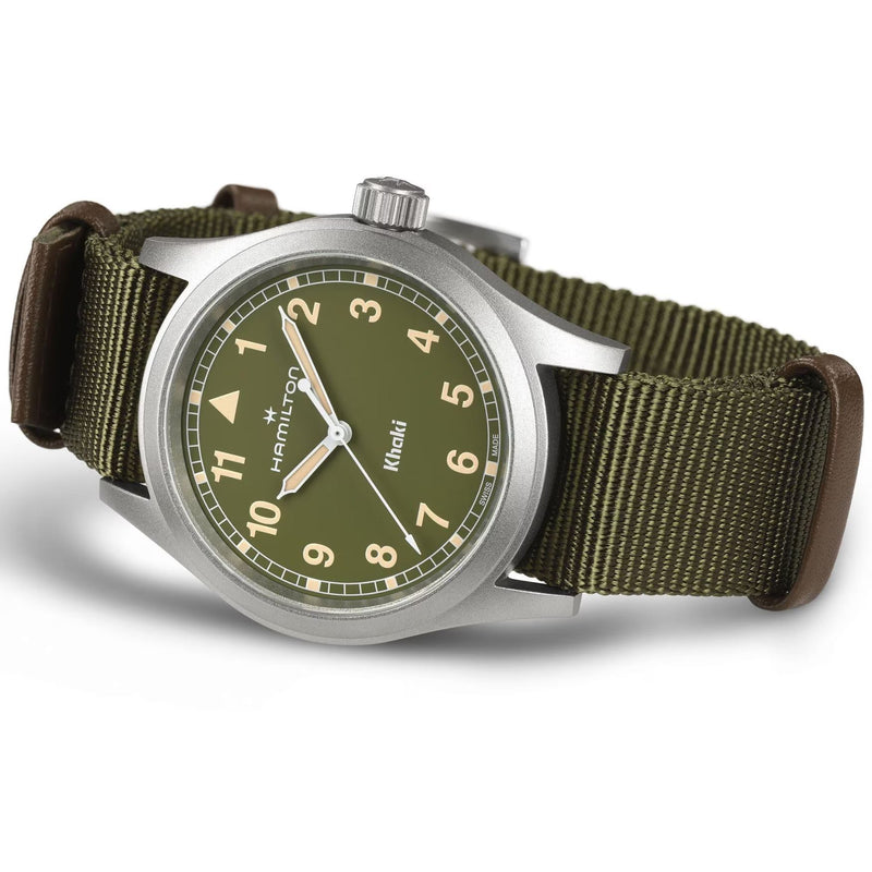 Hamilton Khaki Field H69401960 analog herrklocka med grön urtavla och armband i textil