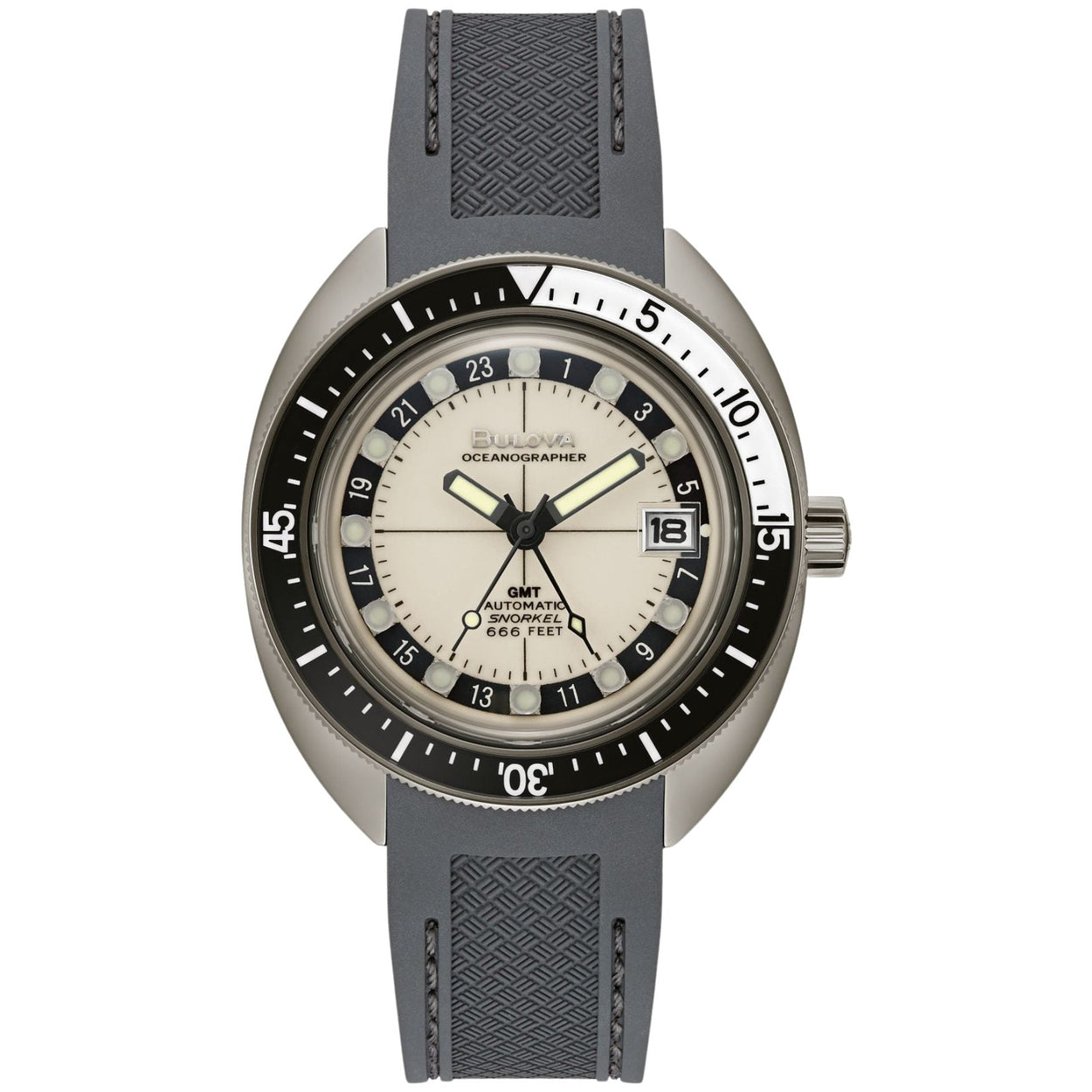 Bulova Oceanographer GMT 98B407 analog herrklocka med beige urtavla och armband i silikon