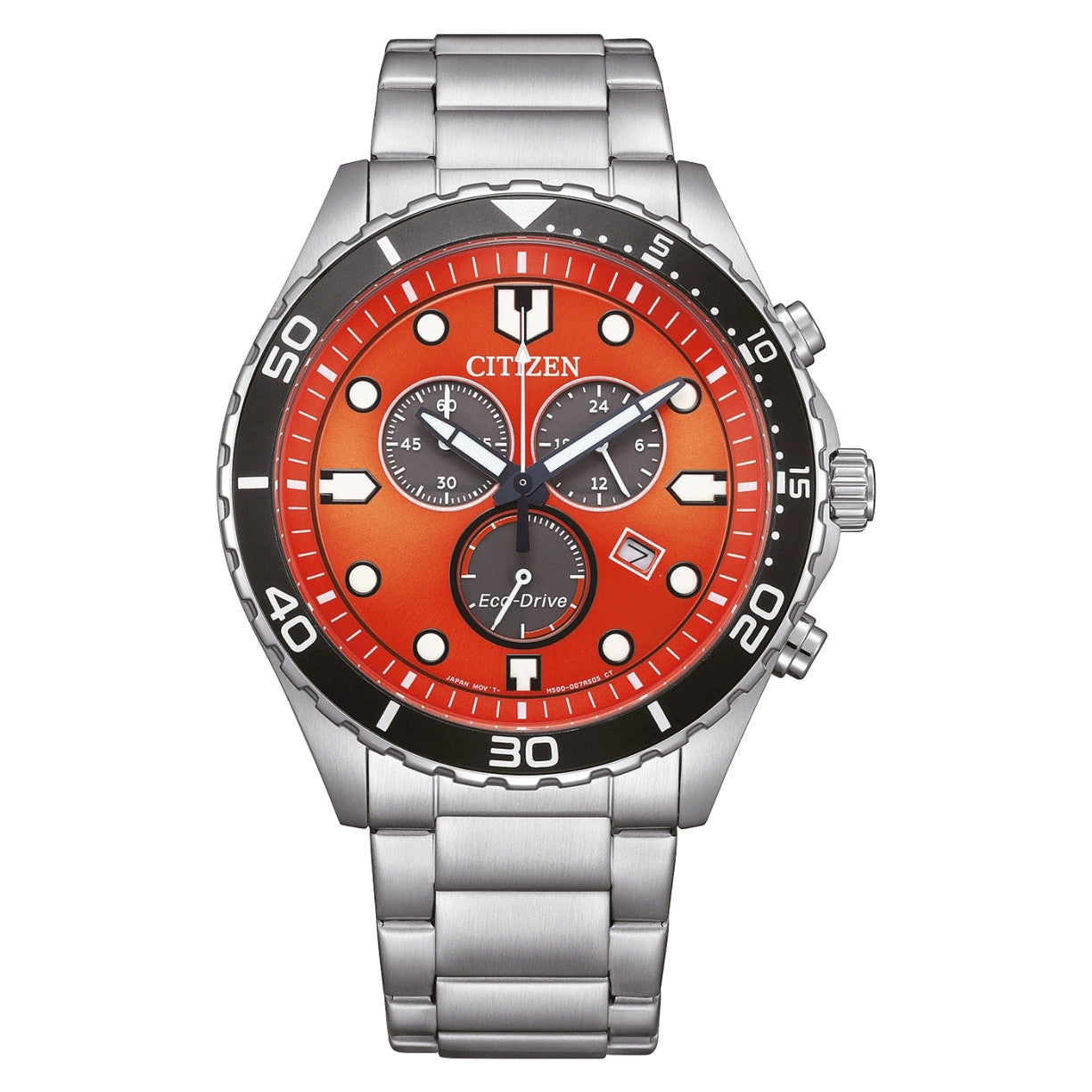 Citizen Eco-Drive Chronograph AT2560-84X analog herrklocka med orange urtavla och armband i rostfritt stål