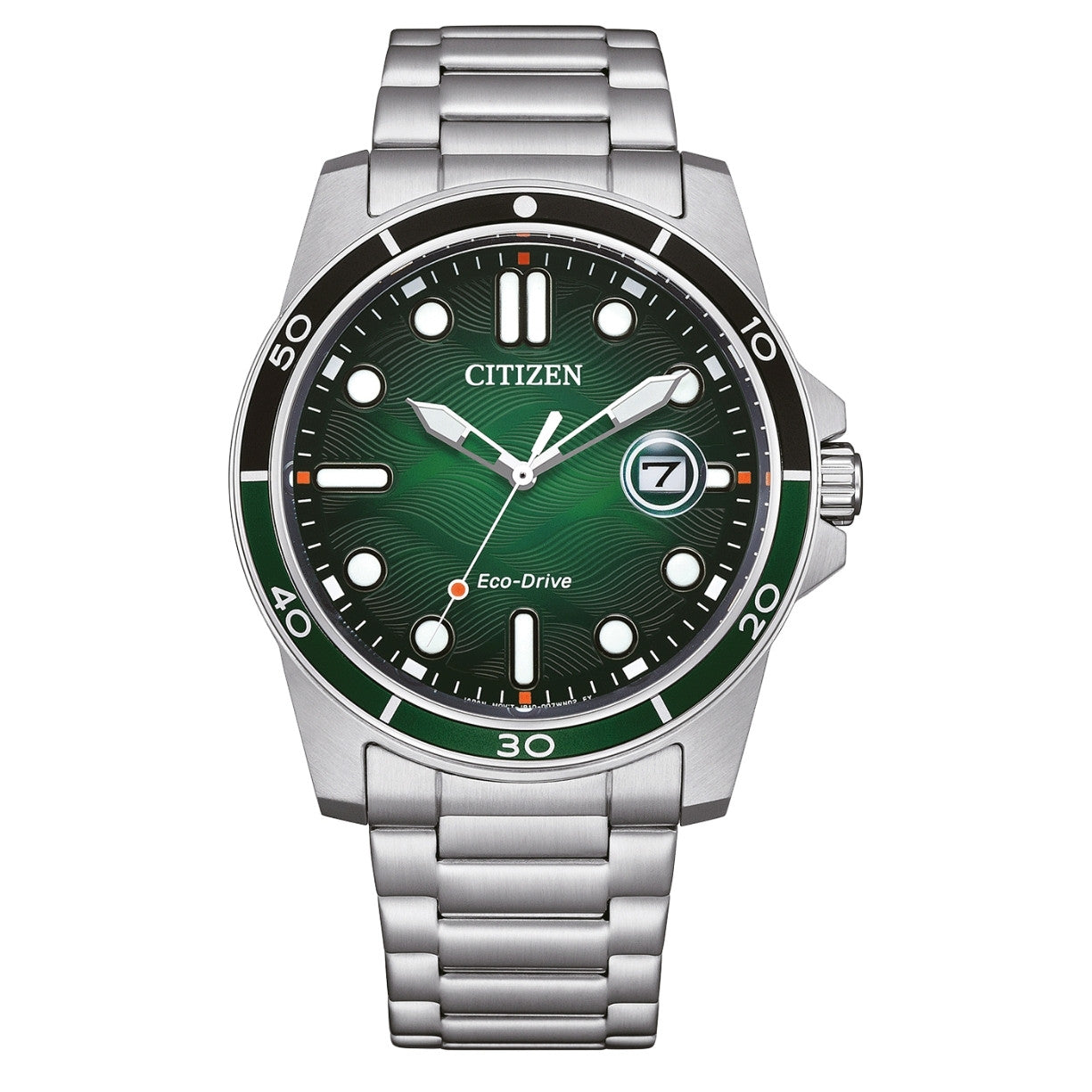 Citizen Marine Eco-Drive AW1811-82X analog herrklocka med grön urtavla och armband i rostfritt stål