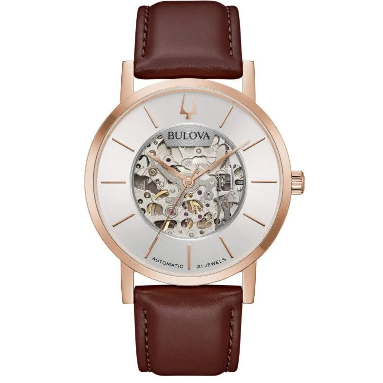 Bulova Clipper Skelethon 97A172 analog herrklocka med silver urtavla och armband i läder
