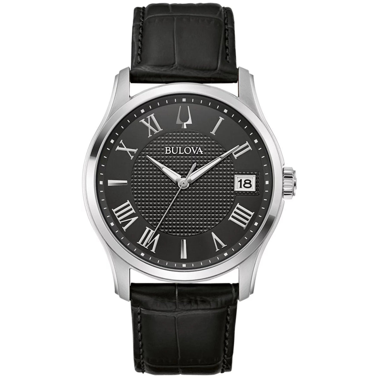 Bulova Wilton 96B390 analog herrklocka med svart urtavla och armband i läder
