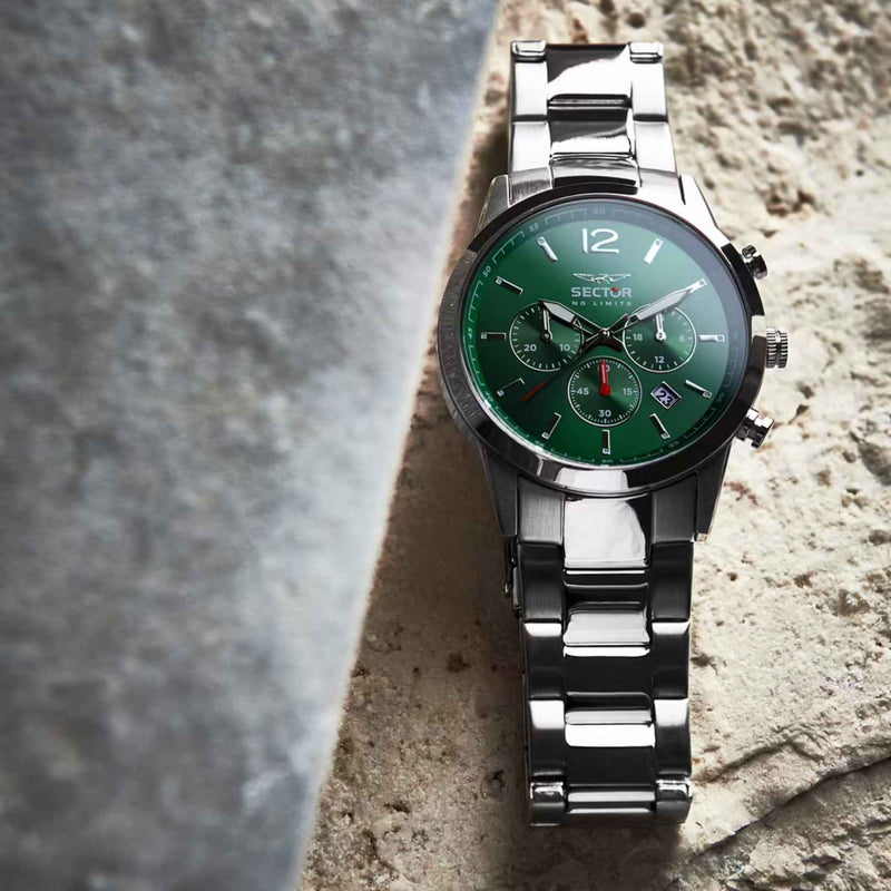 Sector 660 Kronograf R3273617003 analog herrklocka med grön urtavla och armband i rostfritt stål