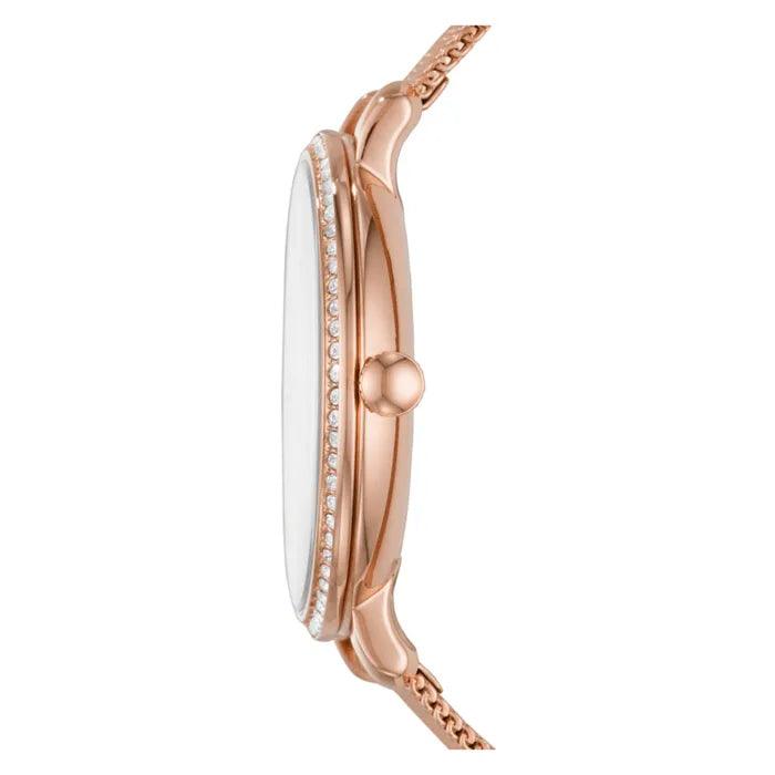 Fossil Jacqueline ES4628 analog damklocka med roséguld urtavla och armband i rostfritt stål