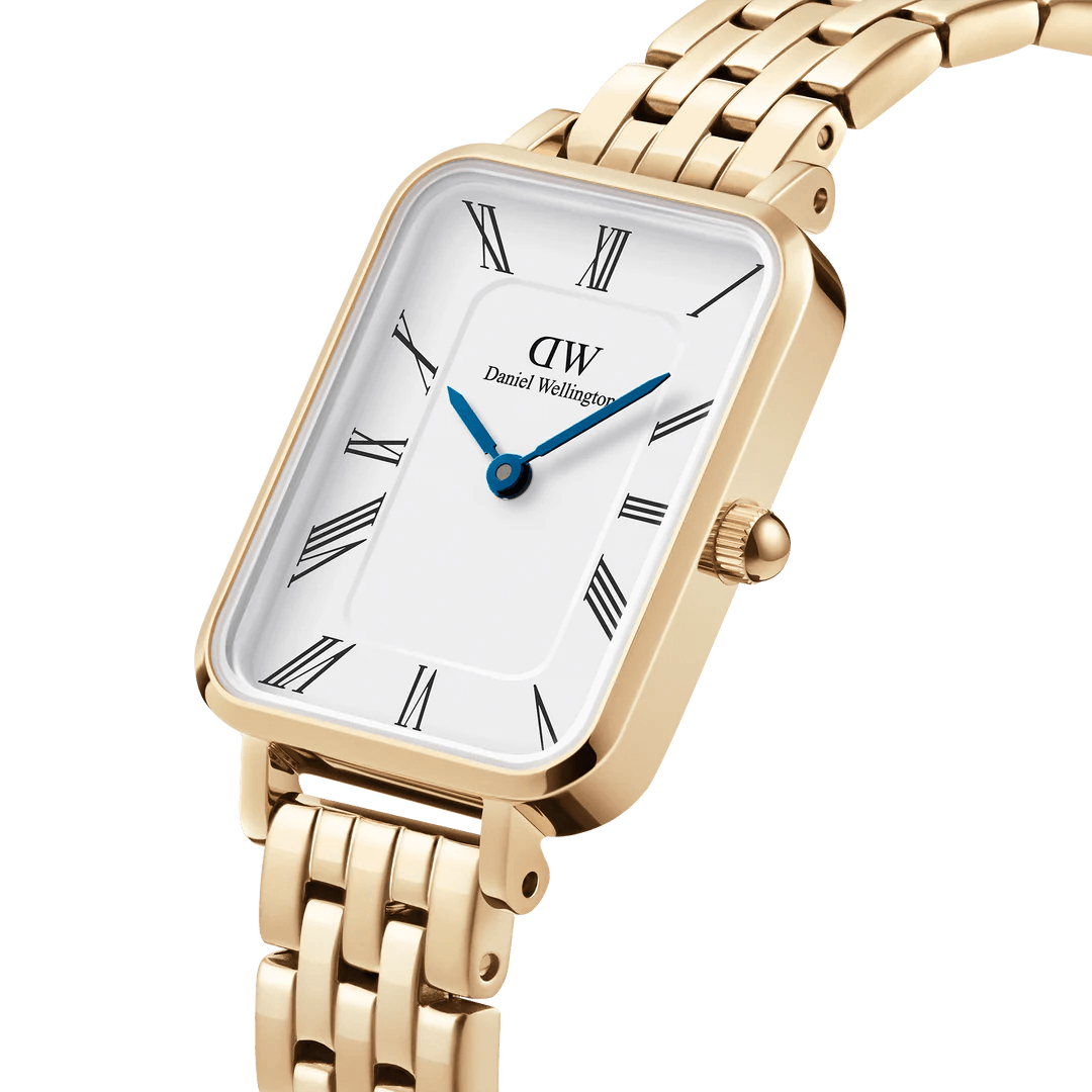 Daniel Wellington Quadro Roman Numerals 5-Link DW00100688 analog damklocka med vit urtavla och armband i rostfritt stål