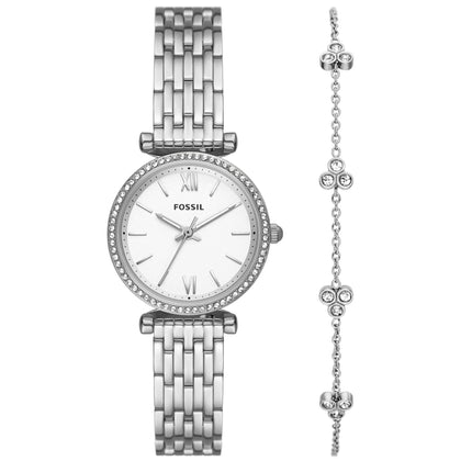 Fossil Carlie ES5315SET analog damklocka med vit urtavla och armband i rostfritt stål