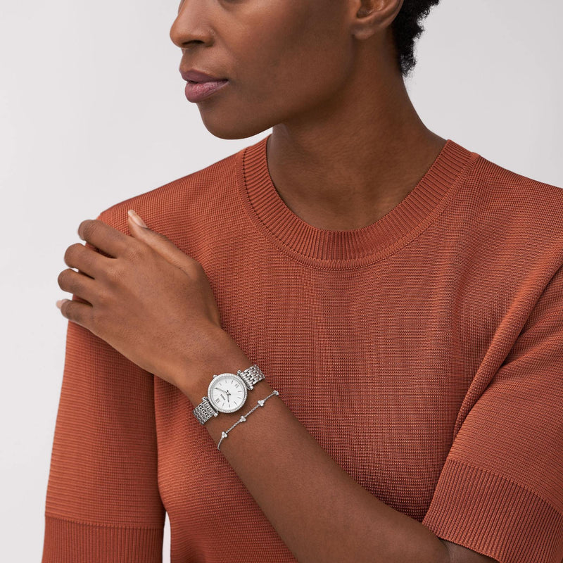 Fossil Carlie ES5315SET analog damklocka med vit urtavla och armband i rostfritt stål