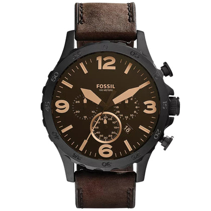 Fossil Nate JR1487 analog herrklocka med brun urtavla och armband i läder