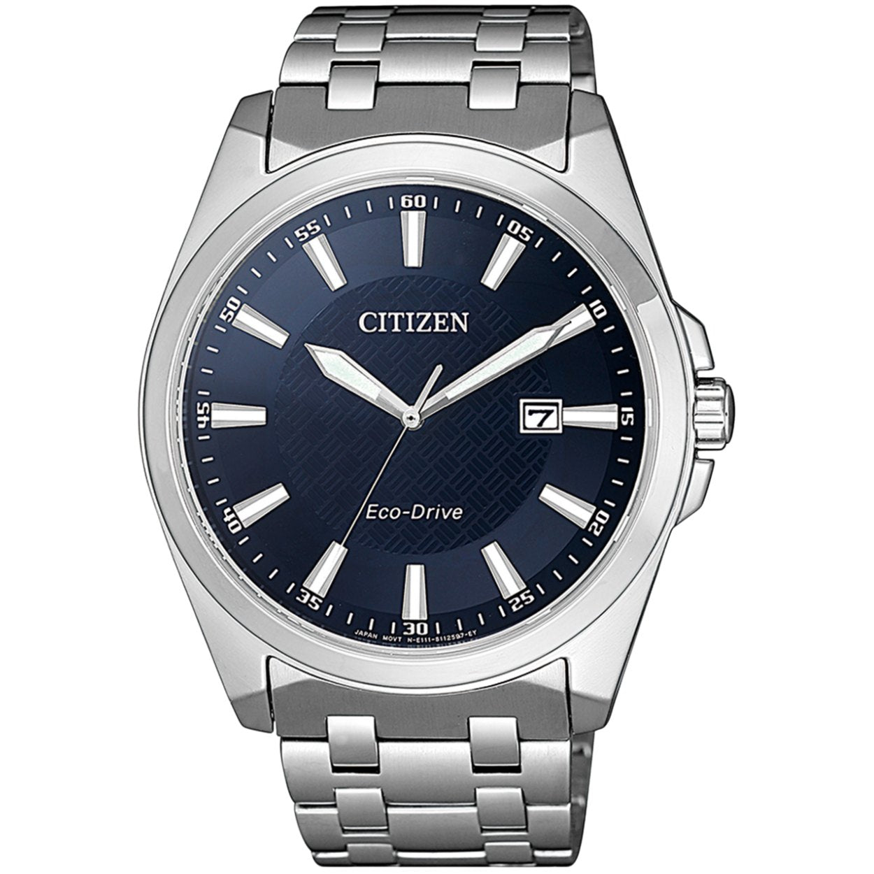 Citizen Eco-Drive BM7108-81L analog herrklocka med blå urtavla och armband i rostfritt stål