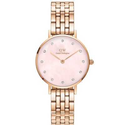 Daniel Wellington Petite Lumine 5-Link Melrose analog damklocka med rosa urtavla och armband i rostfritt stål