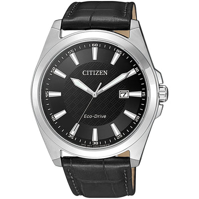 Citizen Eco-Drive BM7108-14E analog herrklocka med svart urtavla och armband i läder