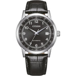Citizen Automatisk Herrklocka NJ0210-05E analog herrklocka med svart urtavla och armband i läder