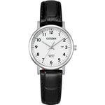 Citizen Classic EU6090-03A analog damklocka med vit urtavla och armband i läder