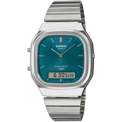 Casio Vintage AQ-240E-3AEF analog unisexklocka med turkos urtavla och armband i rostfritt stål