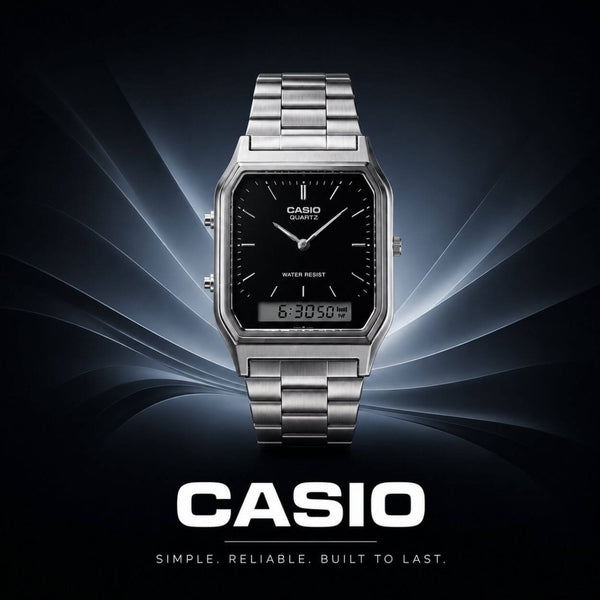 Casio-klocka i stål med analog och digital display.