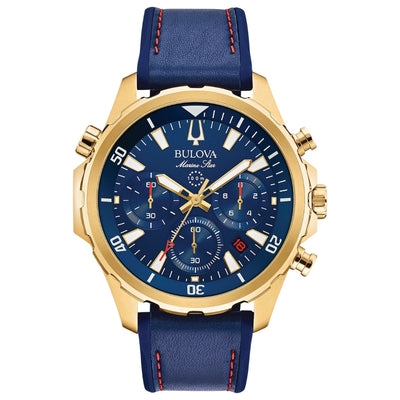 Bulova Marine Star 97B168 analog herrklocka med mörk blå urtavla och armband i skinn