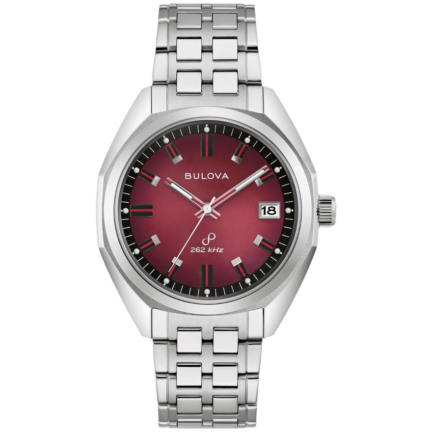Bulova Jet Star 96B401 analog unisexklocka med rött urtavla och armband i rostfritt stål