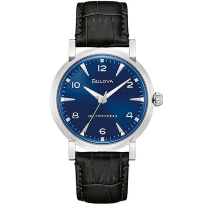Bulova American Clipper 96A242 analog herrklocka med blå urtavla och armband i läder