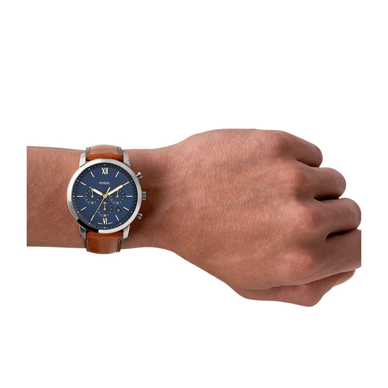 Fossil Neutra FS5453 analog herrklocka med blå urtavla och armband i läder