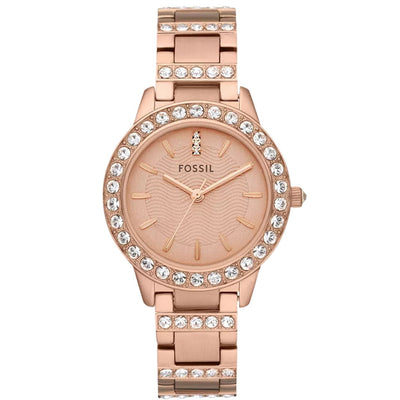 Fossil Jesse ES3020 analog damklocka med roséguld urtavla och armband i rostfritt stål