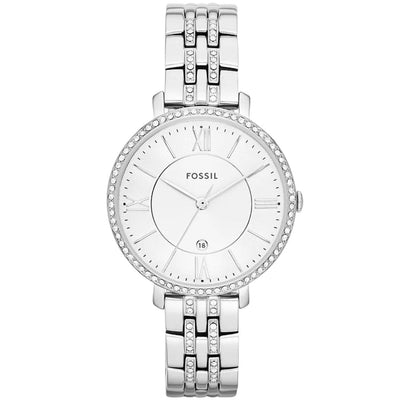 Fossil Jacqueline ES3545 analog damklocka med vit urtavla och armband i rostfritt stål