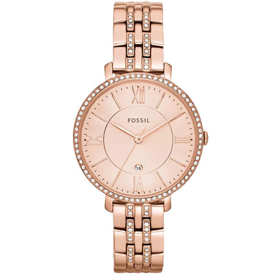Fossil Jacqueline ES3546 analog damklocka med roséguld urtavla och armband i rostfritt stål