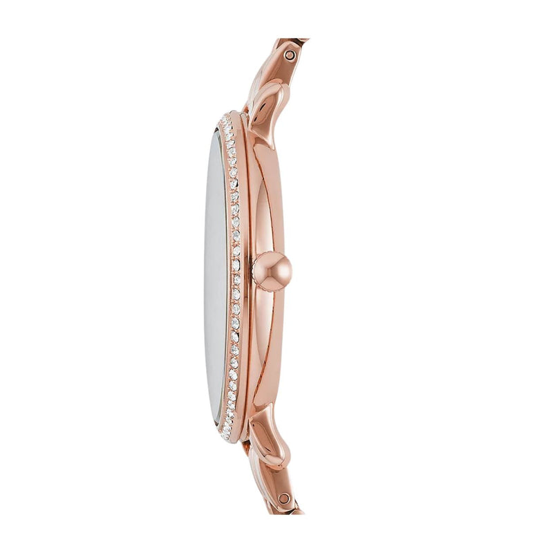 Fossil Jacqueline ES3546 analog damklocka med roséguld urtavla och armband i rostfritt stål