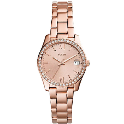 Fossil Scarlette Mini ES4318 analog damklocka med roséguld urtavla och armband i rostfritt stål